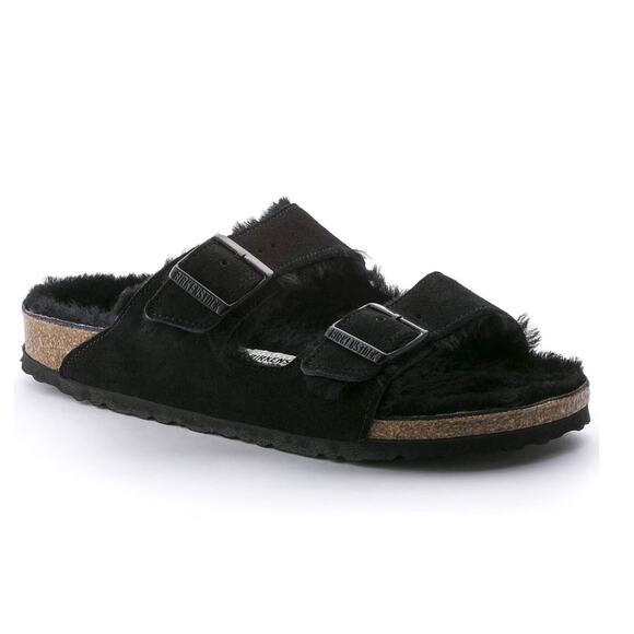 Birkenstock Women’s 6.5 Black Suede Shearling Fur Lined Slip-ON Buckle Sandals - Picture 1 of 8